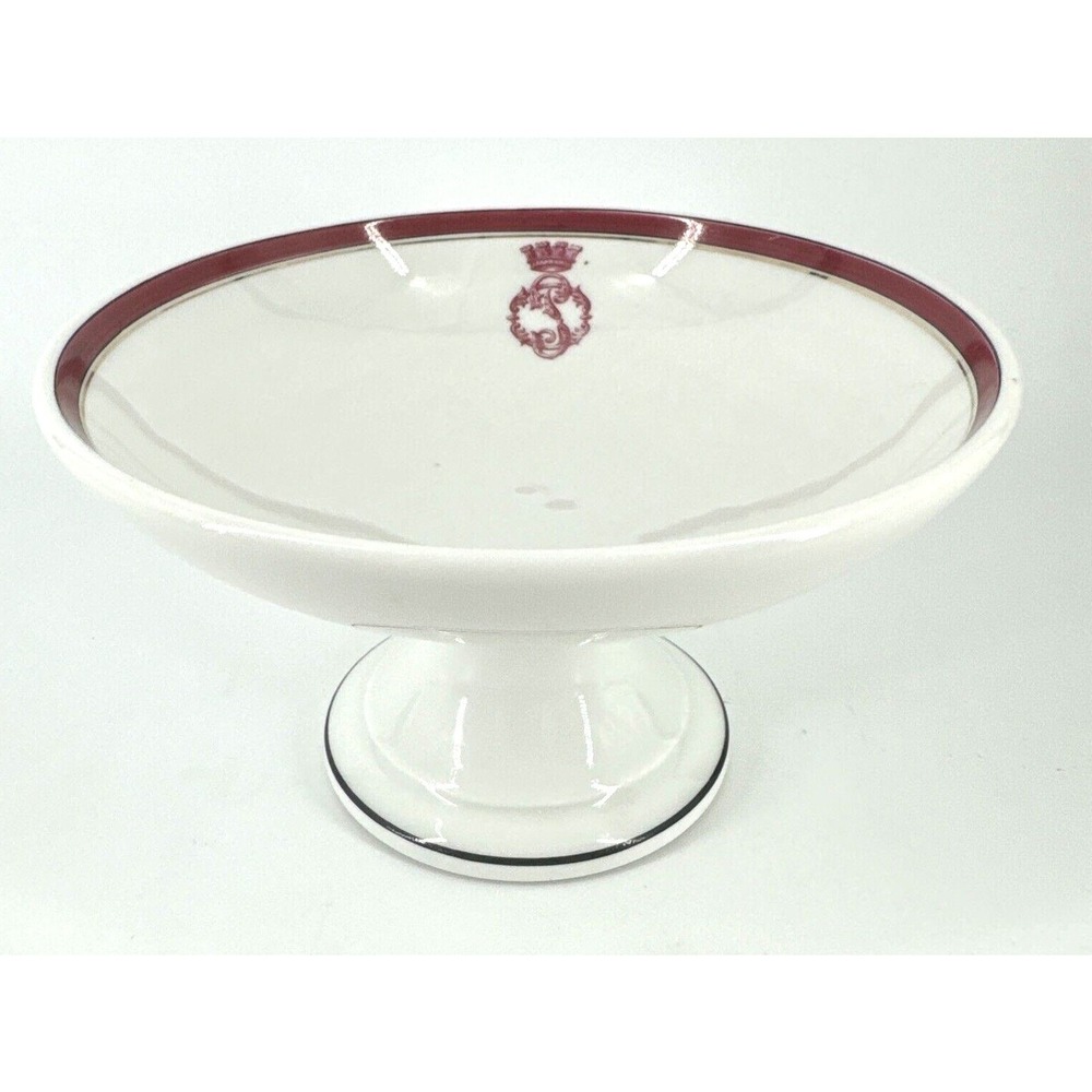 Porcelain Pedestal Bowl Coat Of Arms UC Limoges France Red Rim 6.5" D x 4" T VTG